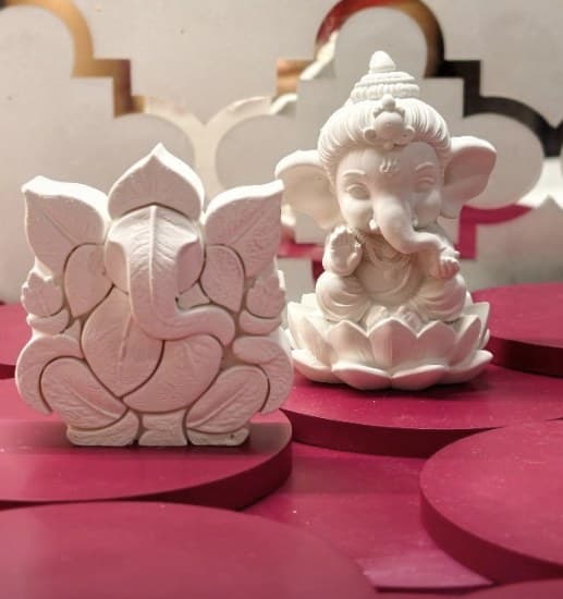 Leaf Ganesha and Bal Ganesh on a lotus, ready to paint